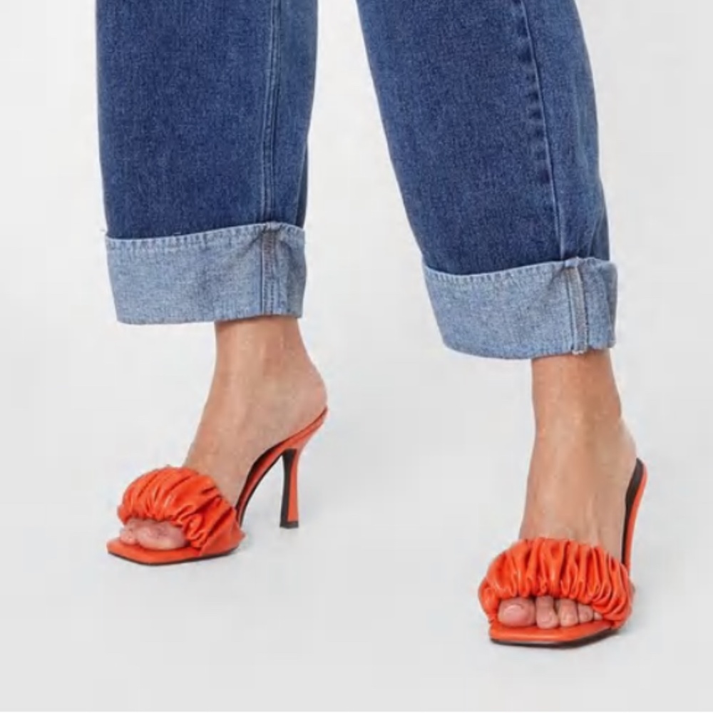 NEW Faux Leather Ruched Stiletto Heeled Mules